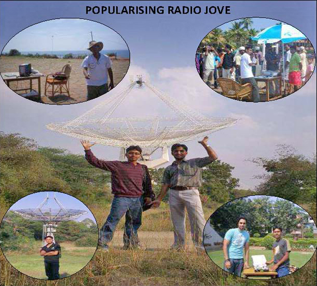 a view of the author and other students at the GMRT and various other locations popularizing Radio JOVE